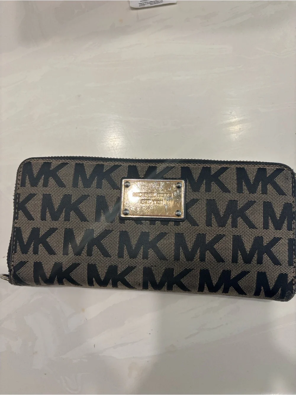 Michael Kors Black and Brown MK Signature Zip Wallet with Gold Plate